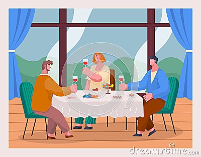 Happy people celebrating important event sitting at table near panoramic window in restaurant, home Vector Illustration