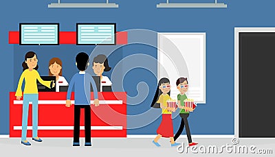 Happy People Characters at Cinema Buying Tickets and Popcorn Vector Illustration Vector Illustration