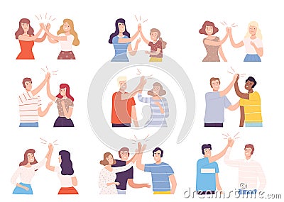 Happy People Characters Giving High Five to Each Other Vector Illustration Set Vector Illustration