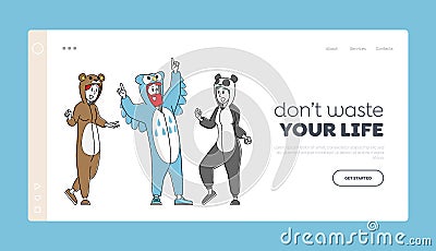 Happy People Costume Party Landing Page Template. Cheerful Hipsters Young Characters, Students in Funny Pajamas Vector Illustration