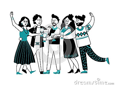 Happy people drinking. Friends party, cocktail drinks in people hands. Students friendship, cartoon persons clinking Vector Illustration