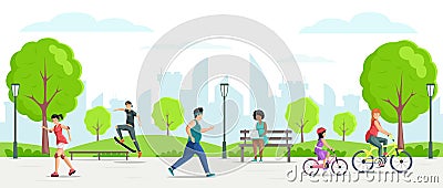 Happy people enjoying summer outdoor activity at park vector flat Vector Illustration