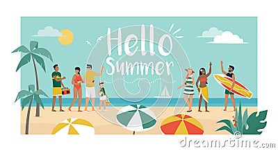 Happy people enjoying summer vacations on the beach Vector Illustration