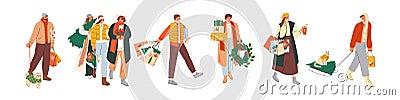 Happy people with gift boxes, bags and fir trees at Christmas shopping time. Set of men and women with Xmas presents Cartoon Illustration