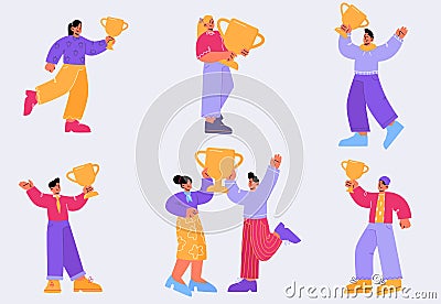 Happy people with gold cups, award trophies Vector Illustration