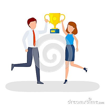 Happy people with golden trophy cup celebrate success. Vector Illustration