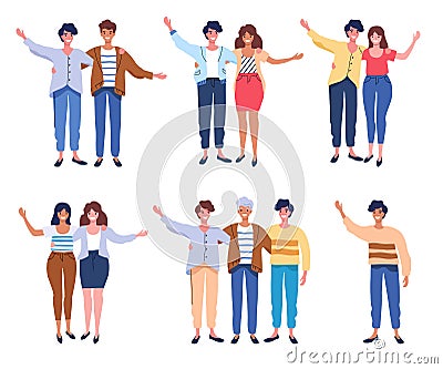 Happy people group portrait. Friends waving hands, couples embracing each other vector illustration Vector Illustration