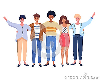 Happy people group portrait. Friends waving hands, embracing each other vector illustration Vector Illustration