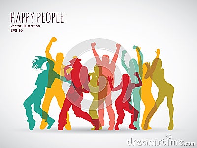 Happy people group shadow color silhouette. Vector Illustration