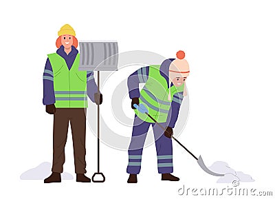 Happy people janitors cartoon characters cleaning street from snow together using manual shovel Vector Illustration