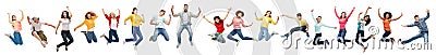 Happy people jumping in air over white background Stock Photo