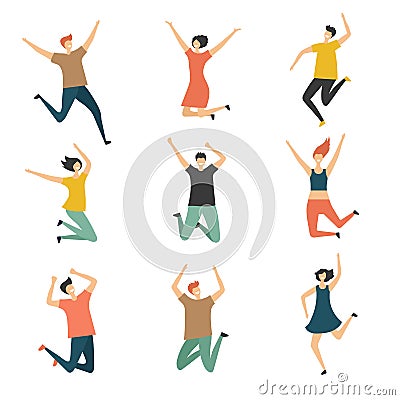 Happy people jumping. Celebrate jubilation jump group of man and women teens laughing cute and funny vector stylized Vector Illustration