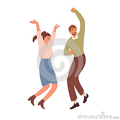 Happy people jumping and dancing from joy and happiness. Couple of positive energetic office workers celebrating success Vector Illustration