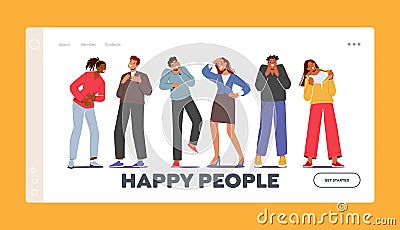 Happy People Landing Page Template. Diverse Young Characters Laughing at Something Funny. Multiracial Men and Women Vector Illustration