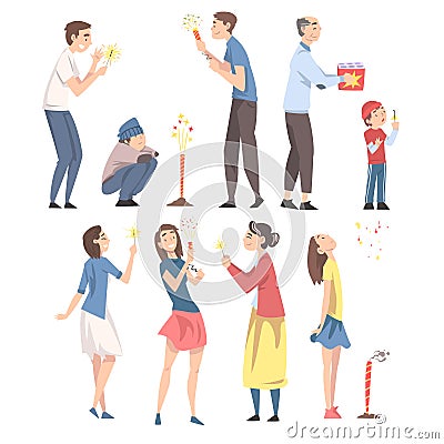 Happy People Launching Fireworks Set, People of Various Ages Celebrating Holidays and Enjoying Fireworks Show Cartoon Vector Illustration
