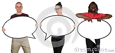 Happy people man woman holding empty speech bubbles with copyspace isolated Stock Photo