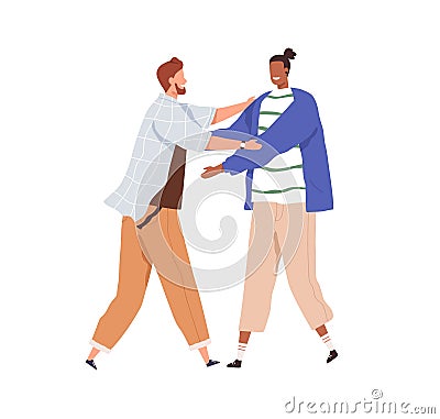 Happy people meeting and greeting each other with hugs. Men welcoming with smile and joy. Guys friends reunion Vector Illustration