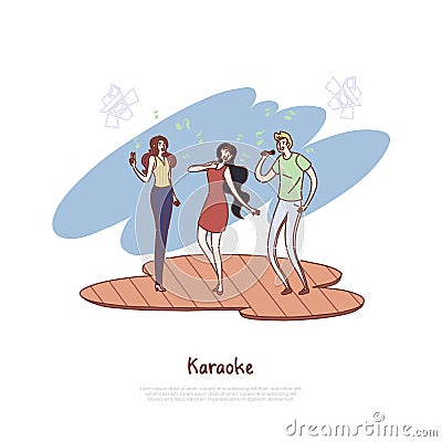 Happy people with microphones, friends group leisure, entertainment, song competition, musical party banner Vector Illustration