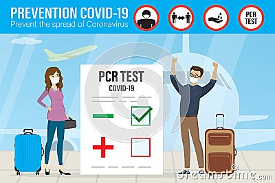 Happy people with negative PCR test for coronavirus. Couple of tourists ready to travel. Travellers with luggage. Airport terminal Vector Illustration