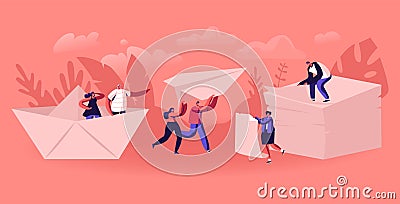 Happy People Origami Hobby Occupation Concept. Male and Female Character Creating Figures of Paper Vector Illustration