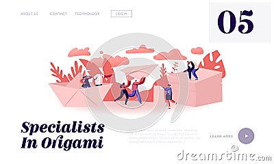 Happy People Origami Hobby Occupation Concept Website Landing Page. Characters Creating Figures of Paper Vector Illustration