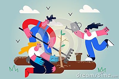 Happy people plant seedling in ground Vector Illustration