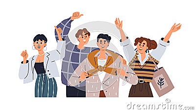 Happy people portrait. Young excited characters group. Smiling colleagues friends together. Friendly united energetic Vector Illustration