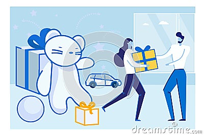 Happy People Prepare Winter Holidays Buying Gifts Vector Illustration
