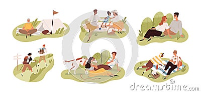 Happy people relax in nature set. Families, couples and friends outdoors on summer holidays. Men and women hiking Cartoon Illustration