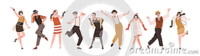 Happy people in retro-styled clothes dancing to funny music at Gatsby party of 20s. Set of stylish cheerful Broadway Vector Illustration