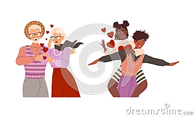 Happy people in romantic relationships set. Elderly loving couple, boy giving piggyback ride to his girlfriend vector Vector Illustration