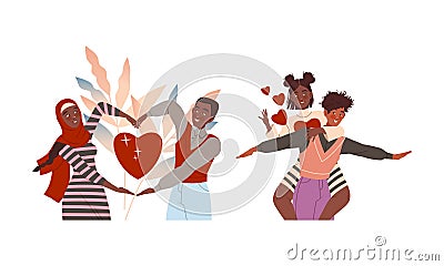Happy people in romantic relationships set. Loving musilim couple making heart with their hands. Boy giving piggyback Vector Illustration