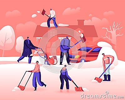 Happy People Shoveling and Removing Snow from Street. Characters Using Shovel and Snowblower for Cleaning Road Vector Illustration