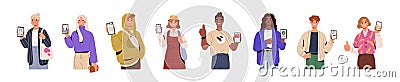 Happy people showing mobile phone screens set. Men, women holding smartphone, cellphone displays with apps, online Vector Illustration