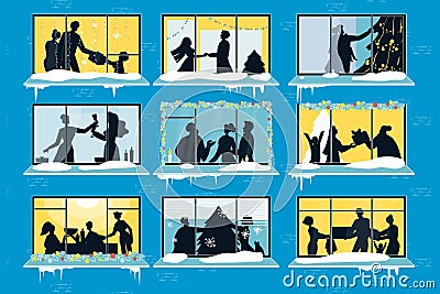 Happy people silhouette celebrating christmas in window Vector Illustration