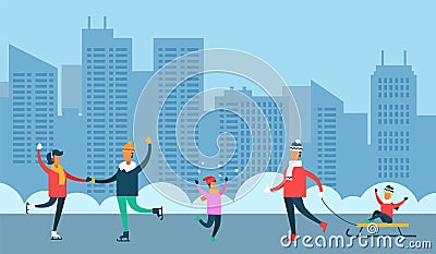 Happy people spend leisure time outdoors at winter, skating, slidding, playing snowballs Vector Illustration