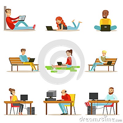 Happy People Spending Their Time Using Computer Collection Of Vector Illustrations Vector Illustration