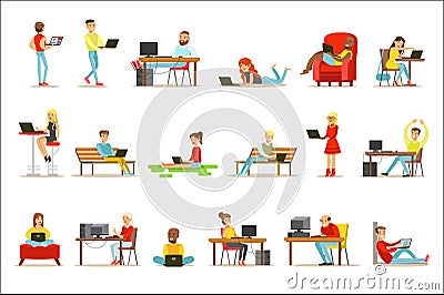 Happy People Spending Their Time Using Computer Set Of Vector Illustrations With Men And Women Using Modern Technology Vector Illustration