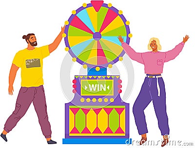 Happy people spinning wheel of fortune gambler tries his luck in casino. Gambling entertainment Vector Illustration