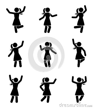 Happy people stick figure icon set. Woman in different poses celebrating pictogram. Vector Illustration