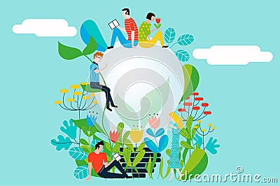 Happy people taking care of the environment and the earth loving the garden and nature Vector Illustration