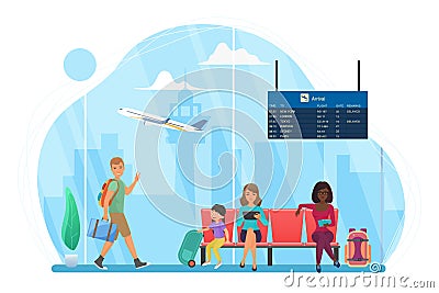 Happy people travel, wait at airport waiting area for flight, man walking, woman reading Vector Illustration