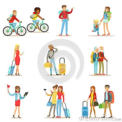 Happy People Traveling And Having Camping Trips Set Of Flat Cartoon Tourists Characters Vector Illustration