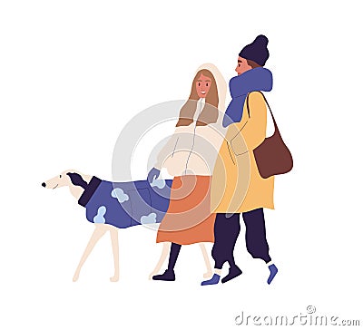 Happy people walking with dog in winter time. Scene of friends strolling with pet outdoors in wintertime. Colored flat Vector Illustration