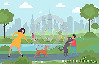 Happy people walking with dogs in the city park. Cartoon character adults and kids with pets vector illustration Vector Illustration