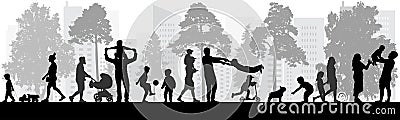 Happy people walking in park, silhouettes. Vector illustration Vector Illustration