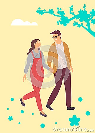 Happy People Walking Among Spring Sakura Blossoms Vector Illustration