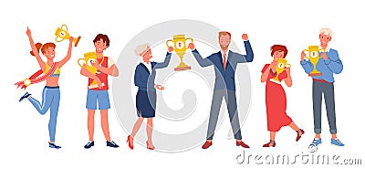 Happy people winners with first place awards set, winning gold cup, people holding prize Vector Illustration