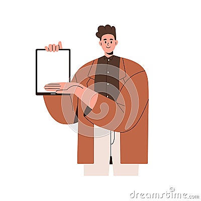 Happy person, businessman showing blank screen of tablet PC. Business man holding gadget, presenting, advertising Vector Illustration