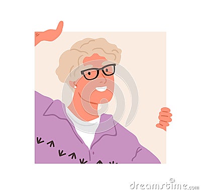 Happy person in glasses peeping and peeking out of square hole. Curious woman looking outside. Human hiding behind Cartoon Illustration
